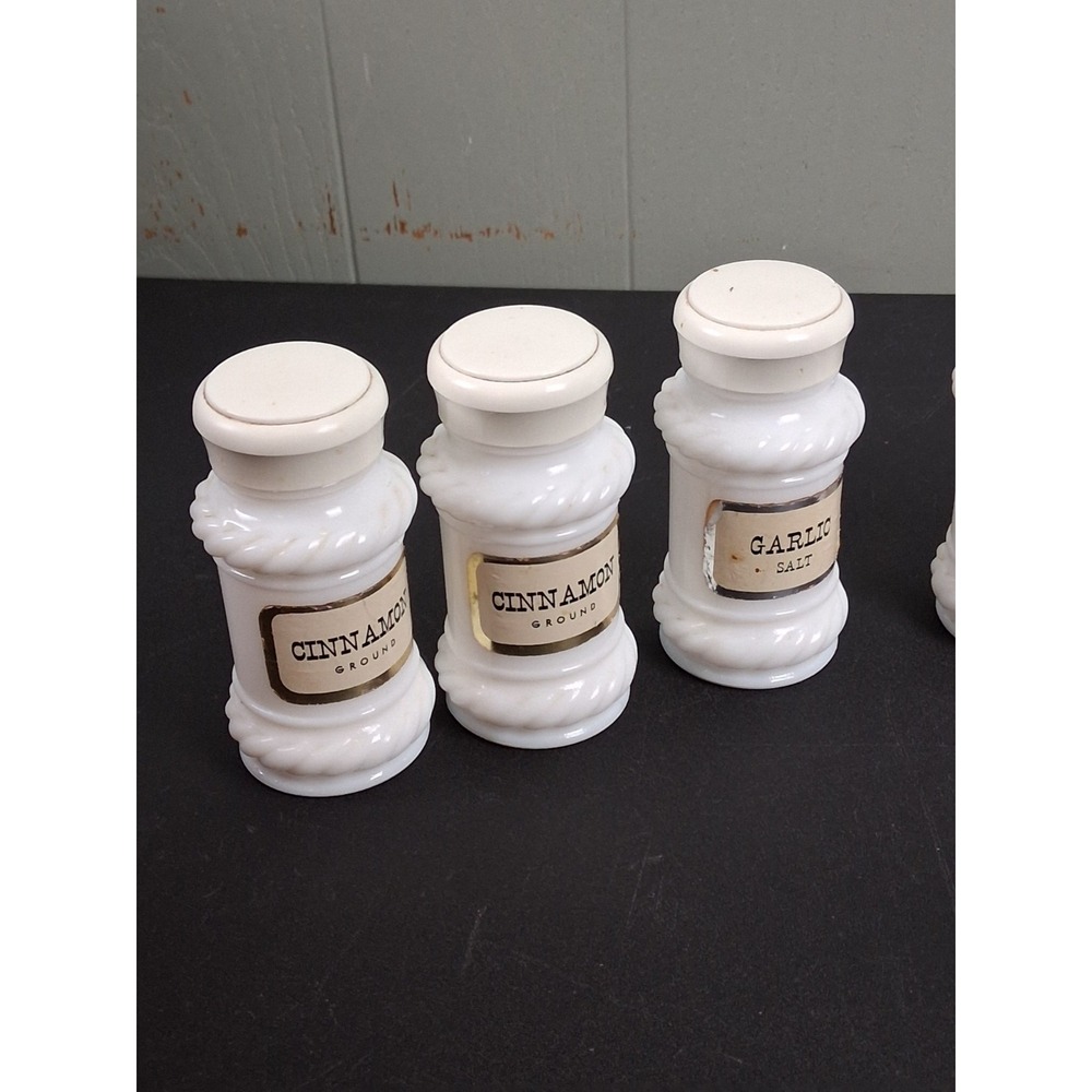 Vintage White Milk Glass Spice Apothecary Jars 3 1/2" Colonial Style Lot of 7 - Picture 9 of 11